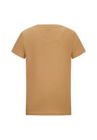 T-shirt marrone a maniche corte realizzato in cotone morbido. Presenta un colletto rotondo e uno schienale senza cuciture per una finitura liscia.