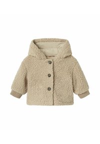 Giacca in pile beige con cappuccio, caratterizzata da un esterno testurizzato, bottoni frontali e polsini a coste. Include due tasche laterali.