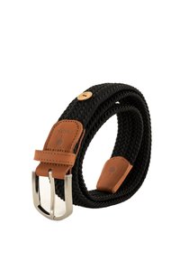 Cinturón negro tejido con hebilla plateada y extremos de cuero marrón, uno con un relieve de un árbol y el otro con el nombre de la marca "FAGUO".