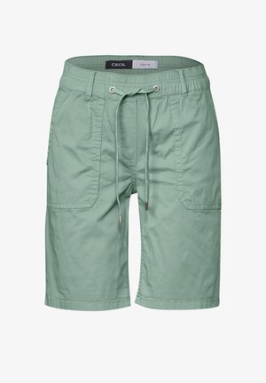 Miętowe szorty wykonane z lekkiego materiału, z elastycznym paskiem w talii z możliwością regulacji, bocznymi kieszeniami i luźnym krojem.