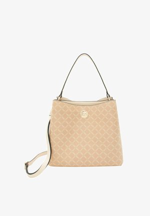 Borsa beige con motivo a diamante, rifiniture nere e dettaglio logo dorato. Dotata di manico robusto e tracolla removibile.