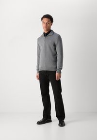 Mann steht und trägt einen grauen Pullover mit Viertelreißverschluss, ein schwarzes Hemd mit Kragen, schwarze Hose und schwarze Schuhe vor hellem einfarbigem Hintergrund.