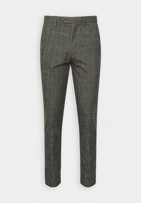 Pantalon pour homme sur mesure avec motif à carreaux gris et noir, avec passants pour ceinture et fermeture par bouton à la taille.