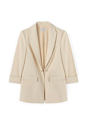 Beiger, maßgeschneiderter Blazer mit Kerbkragen, zwei vorderen Pattentaschen, Dreiviertelärmeln und doppelten Perlenknöpfen vorne.