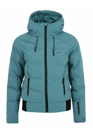 Türkisfarbene isolierte Jacke mit hohem Kragen, Frontreißverschluss und verstellbarem Kapuze. Mit schwarzen Akzenten und seitlichen Reißverschlusstaschen.
