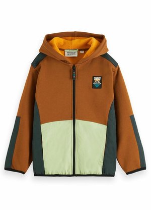 Braune und grüne Kapuzenjacke mit Frontreißverschluss, hellgrünem unterem Teil, schwarzen Akzenten an Schultern und Ärmeln sowie einem "Scotch & Soda" Logo-Patch.