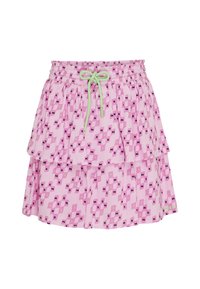 Gonna rosa a strati con vita arricciata, caratterizzata da un cordoncino verde e un motivo geometrico di piccole forme con accenti neri e lime.