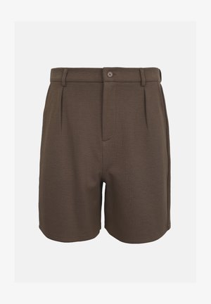 Pruunid kohandatud lühikesed püksid esipoolsete plisseerimistega, nööpidega kinnitusega, vööaasad ja küljetaskud, esitatud ühelisel hele taustal.