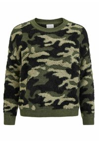 Grön camouflagesweater med texturerad tyg, med mönster i mörkgrön och kräm, ribbad krage och mudd, rund halsdesign.