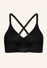 Soutien-gorge noir avec des brides croisées, fabriqué en tissu lisse. Présente une fermeture à crochets au dos et un design sans coutures.
