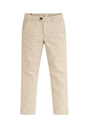 Pantaloni beige a gamba dritta con passanti per cintura, chiusura frontale con bottoni e tasche laterali, mostrati distesi su sfondo bianco.