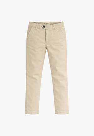 Pantaloni beige a gamba dritta con passanti per cintura, chiusura frontale con bottoni e tasche laterali, mostrati distesi su sfondo bianco.