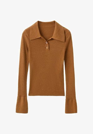 Rjava rebrasta majica z dolgimi rokavi, ovratnikom in zapenjanjem z tremi gumbi. Značilna so široka manšeta na rokavih in mehka tekstura.