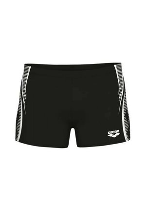 Costume da bagno da uomo nero con motivi grafici bianchi ai lati e logo bianco "arena" sulla parte anteriore della gamba destra.