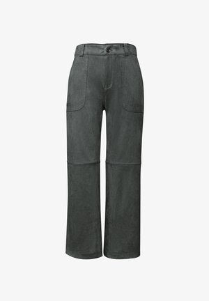 Ciemnoszare zamszowe spodnie z wysokim stanem, szerokimi nogawkami, przednimi kieszeniami na naszywkach, szlufkami na pasek, guzikiem oraz przeszyciami powyżej kolan.