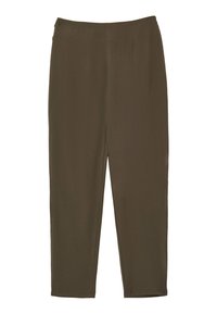 Pantalons droit olive en tissu léger. Présente un devant plat avec deux plis verticaux. Design longueur cheville.