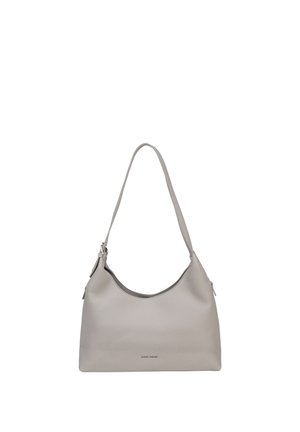 Hellgraue Leder-Schultertasche mit einem einzelnen Riemen und silbernen Schnallendetails, minimalistisches Design, kleines Logo vorne mittig.