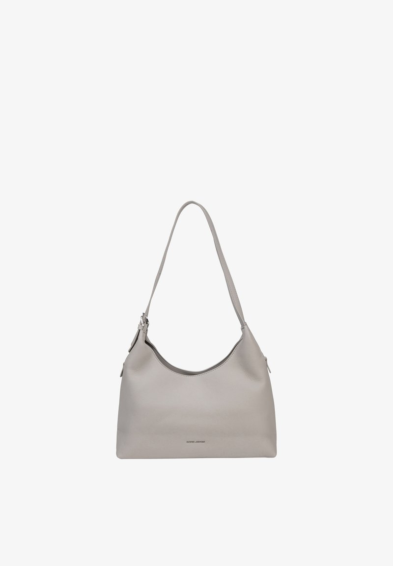 Sac à épaule en cuir gris clair avec une seule bandoulière et des détails de boucle argentée, design minimaliste, petit logo au centre devant.