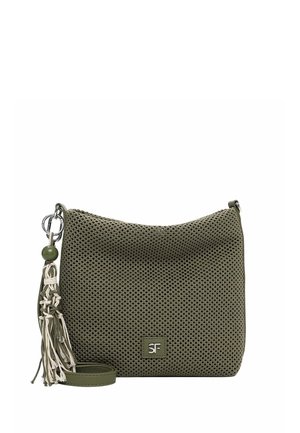 Olivirohelisest kangast õlakott tutiga, hõbedase rõnga detaili ja väikese ruudukujulise logoga esiküljel.