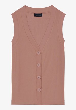 Sleeveless pink ribbed top with a V-neck, featuring five buttons down the front and a fitted design. Soft texture and relaxed shape.