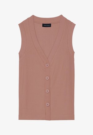 Růžový bezrukávový žebrovaný top s výstřihem do V, který má pět knoflíků vpředu a přiléhavý střih. Měkká textura a uvolněný tvar.