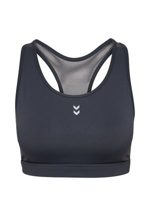 Donkergrijze sportbeha van een gladde stof, met een racerback ontwerp en gaasdetails aan de achterkant. Bevat een klein logo in het midden van de voorkant.