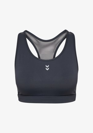 Donkergrijze sportbeha van een gladde stof, met een racerback ontwerp en gaasdetails aan de achterkant. Bevat een klein logo in het midden van de voorkant.