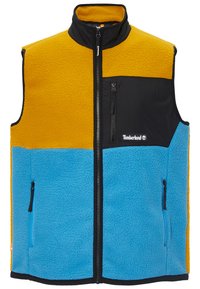 Fleece vest med gule og blå paneler, svarte detaljer, høy krage, frontglidelås og to sidelommer med glidelås, teksturert varme.