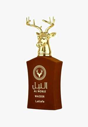 Ruskea pullo, jossa on veistetty kultainen peurapäähine. Sisältää pyöreän logon, jossa on peurahaarat; etiketissä on arabiaa tekstiä ja brändin nimi, Lattafa.