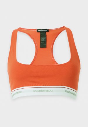 Sujetador deportivo naranja con diseño racerback y banda elástica blanca con la marca DSQUARED2 en verde claro.