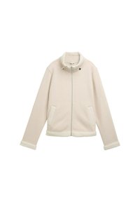Veste zippée doublée en polaire, en tissu beige avec des accents texturés sur le col et le bas, poches latérales et poignets côtelés.
