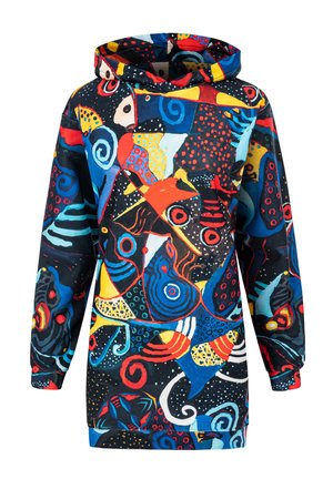 Spalvota hoodie su abstrakčiais raštais raudonos, mėlynos, geltonos ir juodos spalvos. Minkšta medžiaga, laisvas kirpimas ir su raišteliu reguliuojama kapišonas.