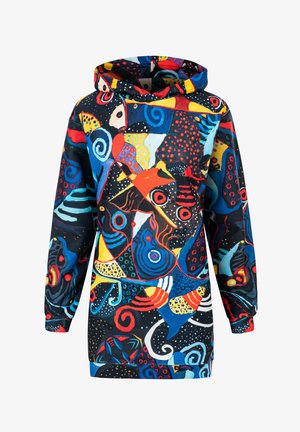 Felpa colorata con motivi astratti in rosso, blu, giallo e nero. Tessuto morbido con una vestibilità comoda e cappuccio con cordino.