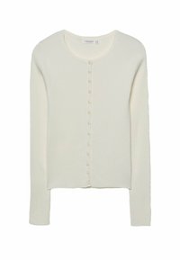 Ribbed, cream-colored cardigan with long sleeves and a round neckline, featuring a row of buttons down the front. Soft texture.