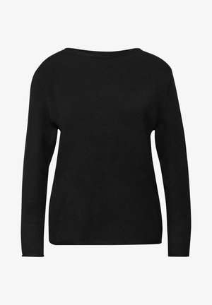 Pull-over noir à manches longues en tissu tricoté. Il présente un large col et une coupe légèrement ample, sans motifs ni accents visibles.