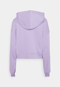 Gekürzter Hoodie in hellem Lila, mit Kapuze, langen Ärmeln, gerippten Bündchen und glatter Textur. Rückansicht ohne zusätzliche Details.