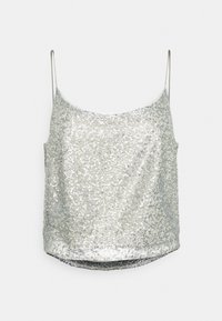 Camisole argent à sequins avec bretelles fines, dotée d'un doublure lisse et d'un ourlet légèrement court. Surface texturée qui reflète la lumière.