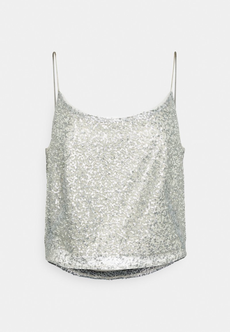 Camisole argent à sequins avec bretelles fines, dotée d'un doublure lisse et d'un ourlet légèrement court. Surface texturée qui reflète la lumière.