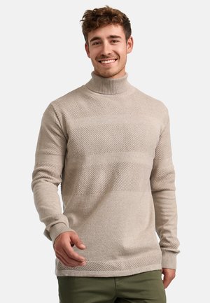 Suéter beige de cuello alto con un patrón texturizado de rayas horizontales, puños elásticos y un cuello acanalado. Tejido de punto suave.