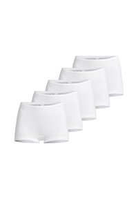 Cinque paia di boxer in cotone bianco. Presentano una texture liscia, un design a vita media e un elastico in vita con un logo discreto.