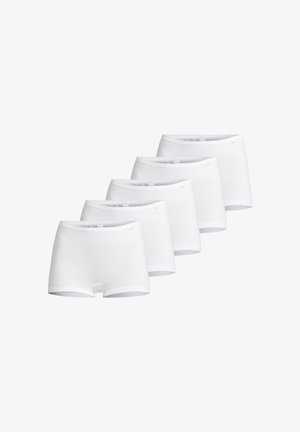 Cinque paia di boxer in cotone bianco. Presentano una texture liscia, un design a vita media e un elastico in vita con un logo discreto.