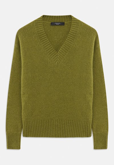 Green v-neck sweater made of soft, textured material. Features ribbed cuffs and hem, with a relaxed fit and minimalist design.