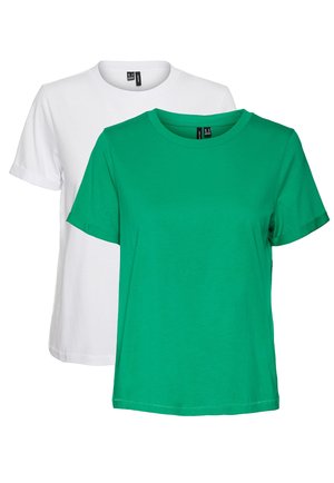 Two short-sleeved T-shirts: one in green and one in white. Both are made of cotton with a round neckline and plain texture.