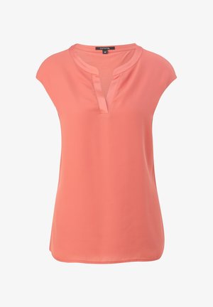 Koralfarvet ærmeløs bluse med rund halsudskæring og frontslids, lavet af letvægtsstof, størrelse 36 med mærket fra mærket "Comma".