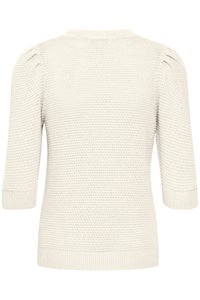 Cremefarbener Strickpullover mit Dreiviertelärmeln und dezenten Raffungen an den Schultern, von hinten gezeigt.