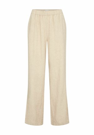 Pantaloni din in bej, cu talie elastică, design cu picioare largi și o textură moale. Fără modele vizibile sau detalii din metal.