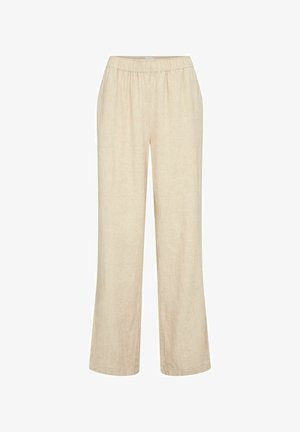 Beige linnen broek met een elastische tailleband, wijde pijpen en een zachte textuur. Geen zichtbare patronen of hardware details.