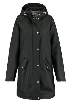 Cappotto impermeabile nero con cappuccio, bottoni a pressione e due tasche laterali. Realizzato in materiale liscio e resistente; design lungo e loose-fitting.