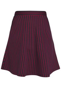 Una gonna svasata in cotone blu scuro con righe verticali rosse, dotata di una vita elastica e una consistenza liscia, che arriva fino a metà coscia.