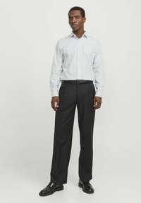 Camicia azzurra chiaro con colletto classico e maniche lunghe, abbinata a pantaloni scuri con pieghe e scarpe eleganti nere.